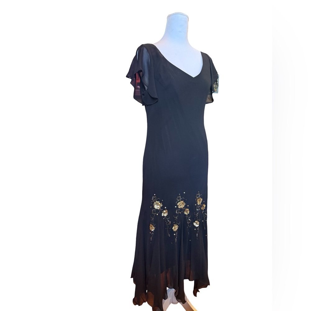 Y2K S.L. Fashions Black Midi Dress 12 Sheer Flutter Sleeve Beaded Hem Formal - Picture 4 of 9